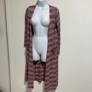 LuLaRoe Duster Cardigan XS Longline Boho Hippie Burgundy Marble Pockets Open